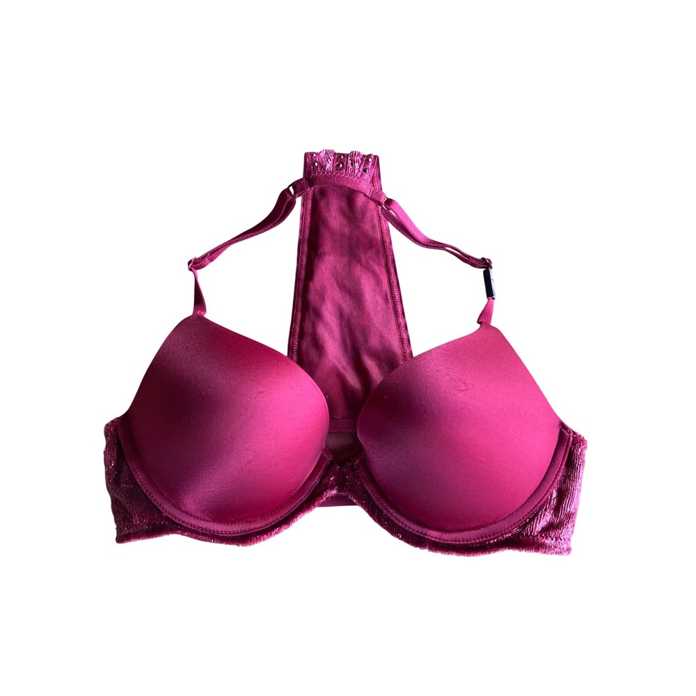 Victoria's Secret Very Sexy Magenta Rhinestone Racerback Bra 32B Front Clasp